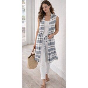 Anthropologie Blue Striped Sleeveless Long Cardigan Medium Coastal Casual Beach
